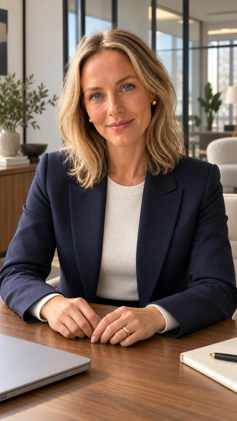 Grace, the AI voice, at a sunlit desk in a navy blazer and ivory top, hands folded, looking at the camera.