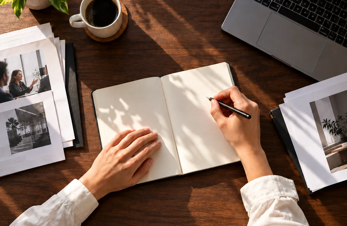 An overhead view of a desk with an open notebook, a pen in hand, printed photographs, a coffee and a laptop.